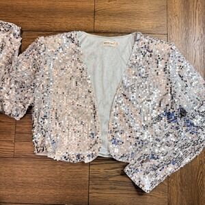 Anna-Kaci Silver Sequin Cropped Bolero Jacket cardigan Long Sleeve Open Front L